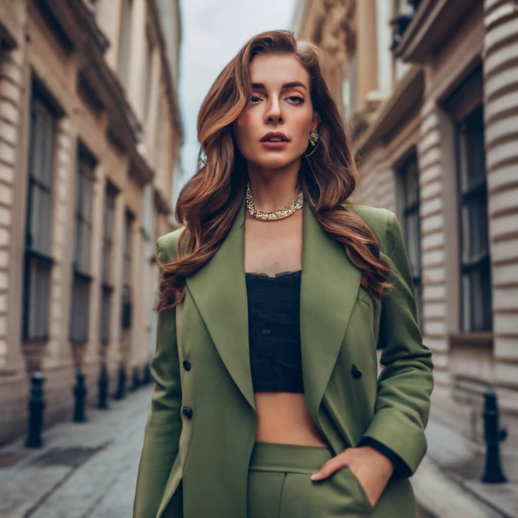 A fashionable girl wearing a olive green coat su